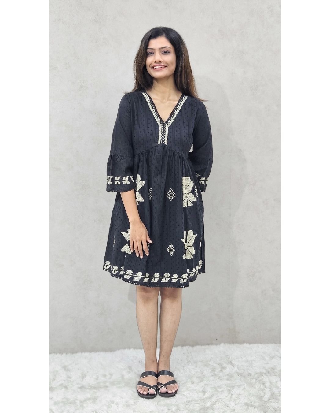 Black V Neck Hakoba Cotton Fit and Flare Midi Dress For Women