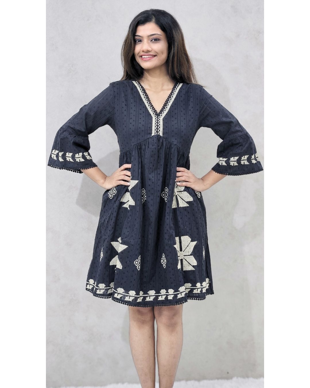 Black V Neck Hakoba Cotton Fit and Flare Midi Dress For Women