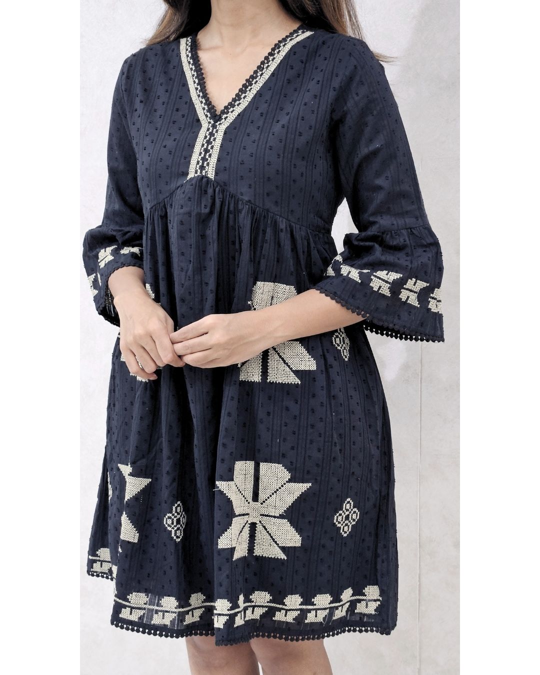 Black V Neck Hakoba Cotton Fit and Flare Midi Dress For Women