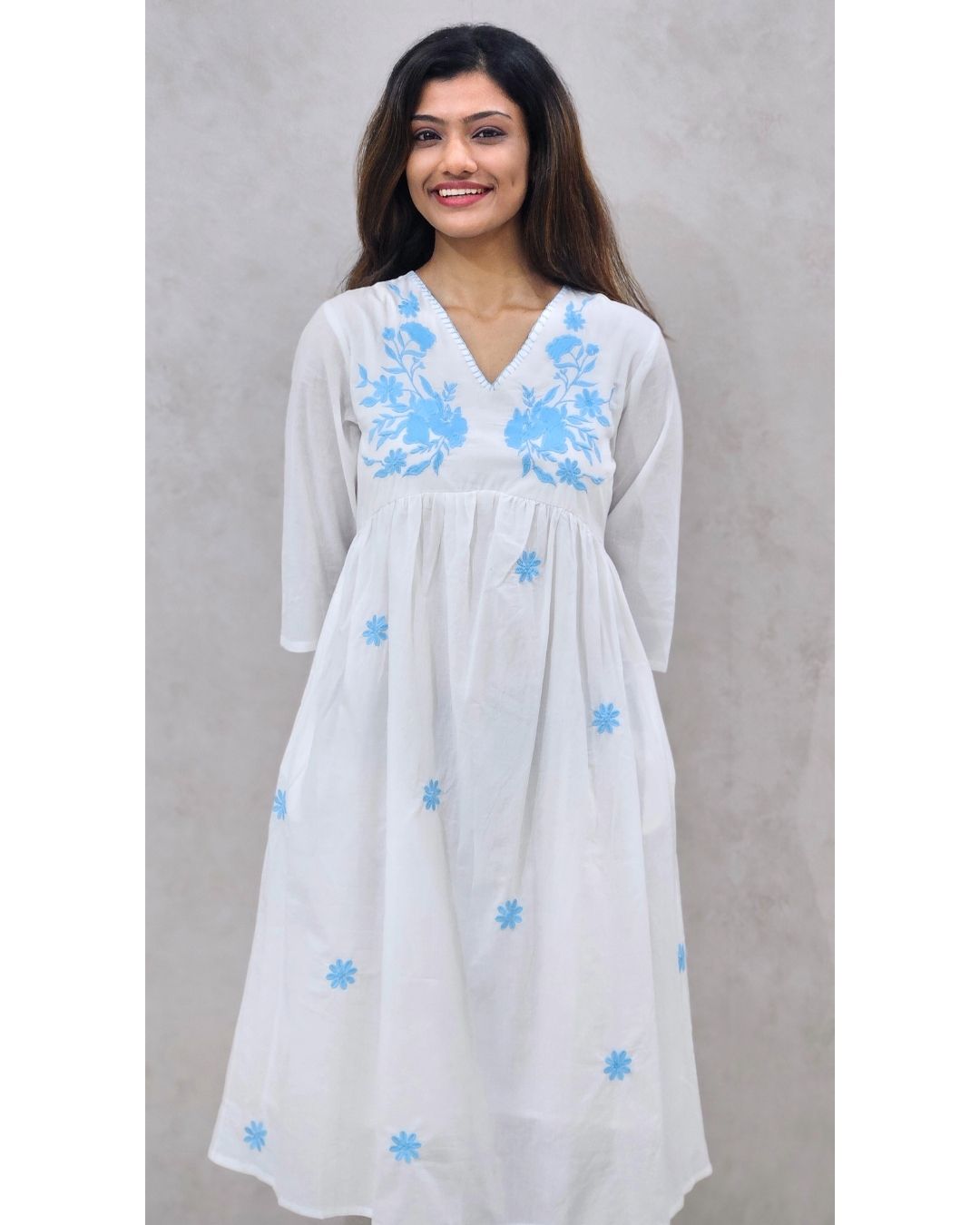 White V Neck Cotton Fit and Flare Midi Dress For Women