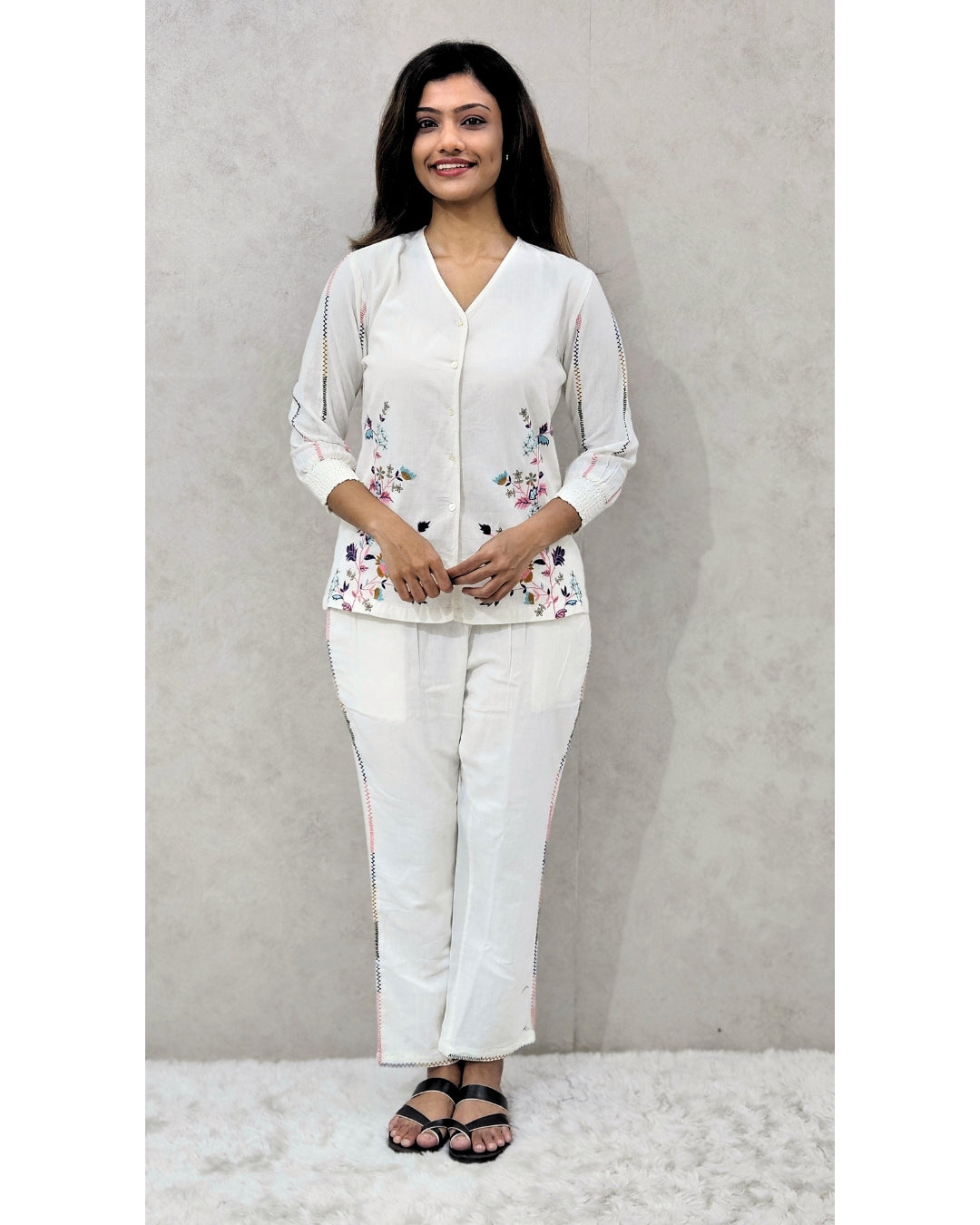 White Floral Embroidered Cotton Coord Set