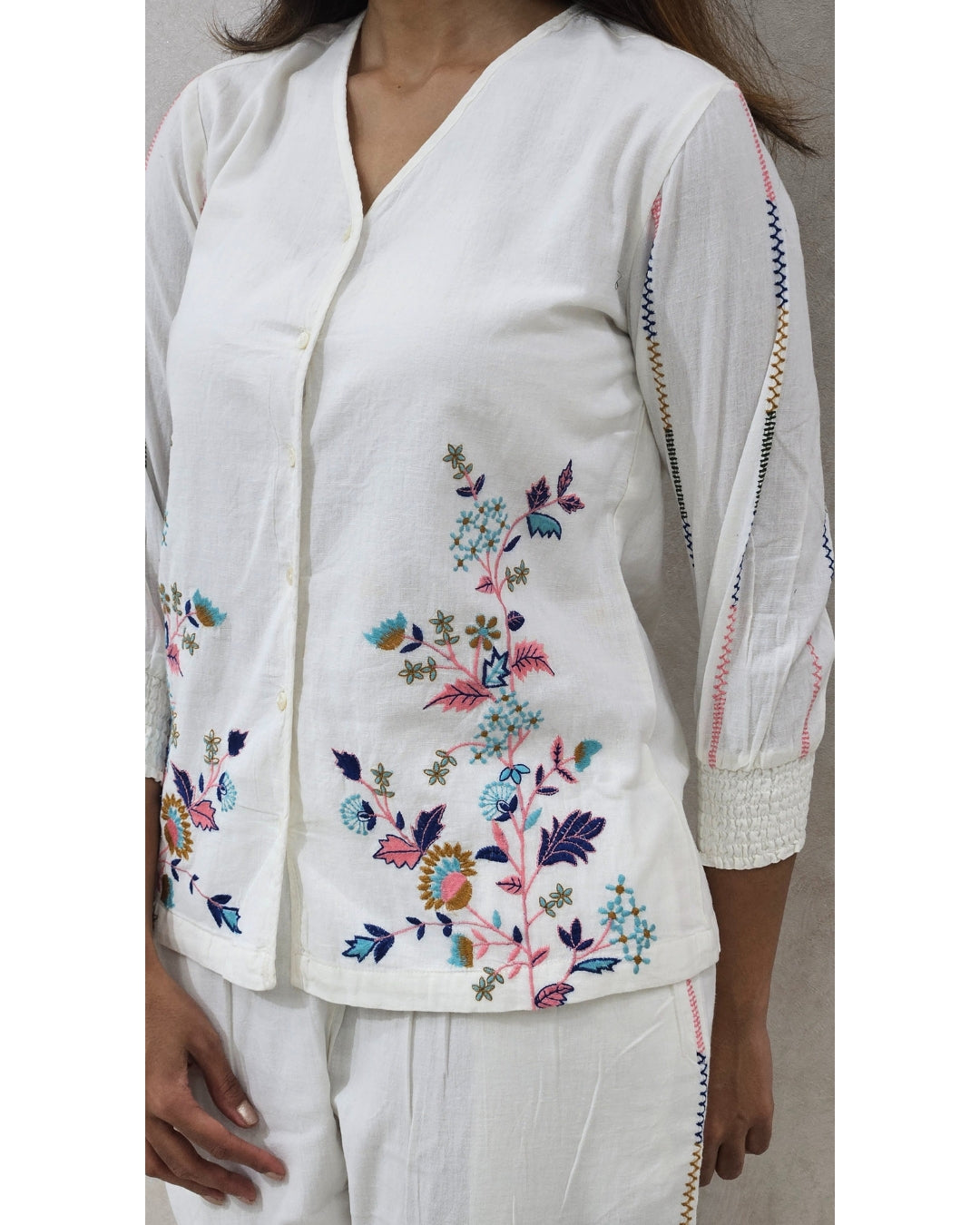 White Floral Embroidered Cotton Coord Set