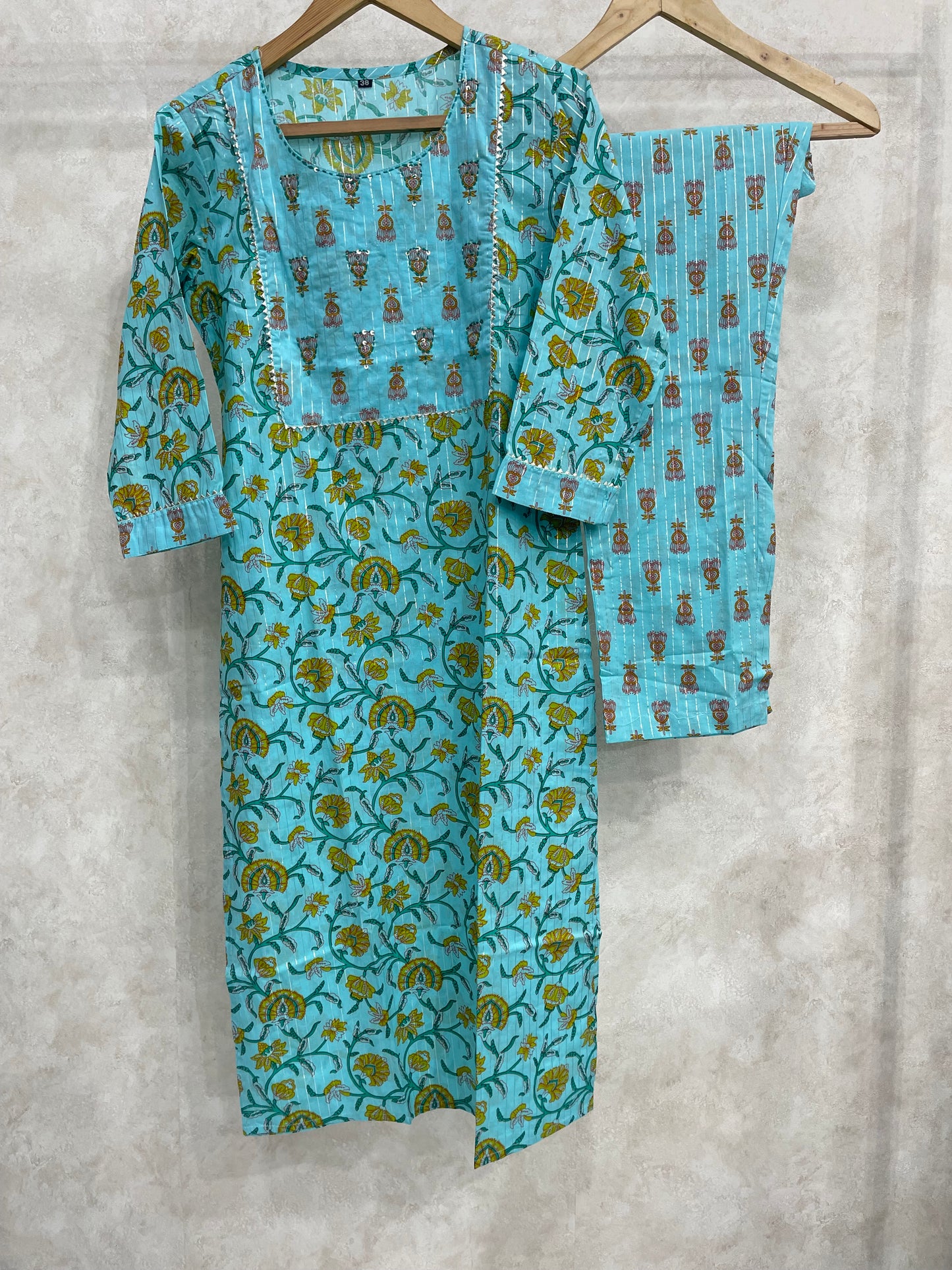 Sky Blue Floral Printed Cotton Kurta Set