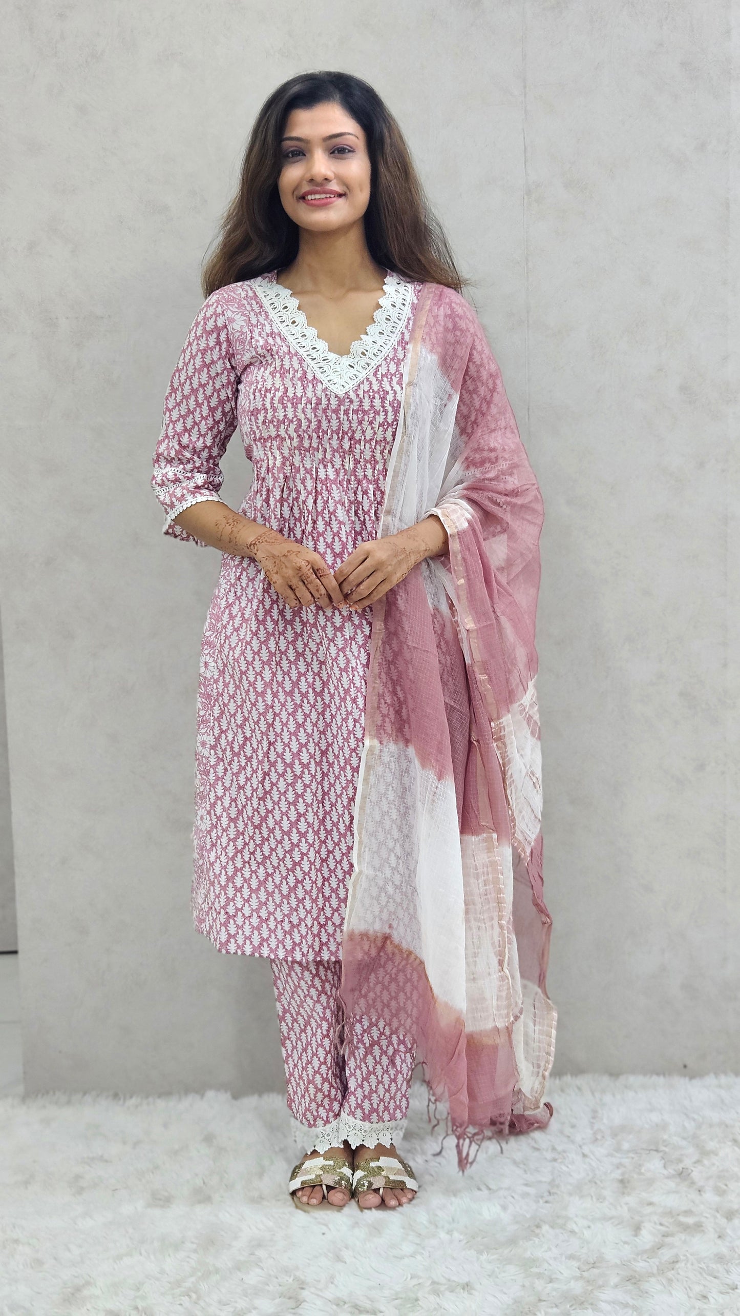 Mauve Printed Cotton Kurta Set