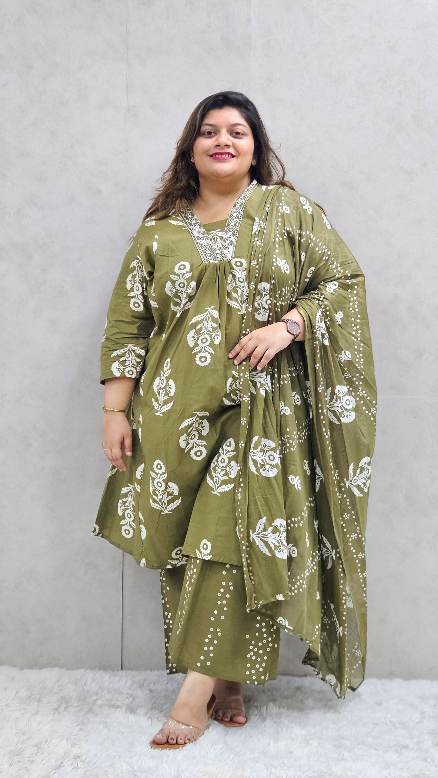 Olive Green Floral Printed Pure Cotton Kurta Set