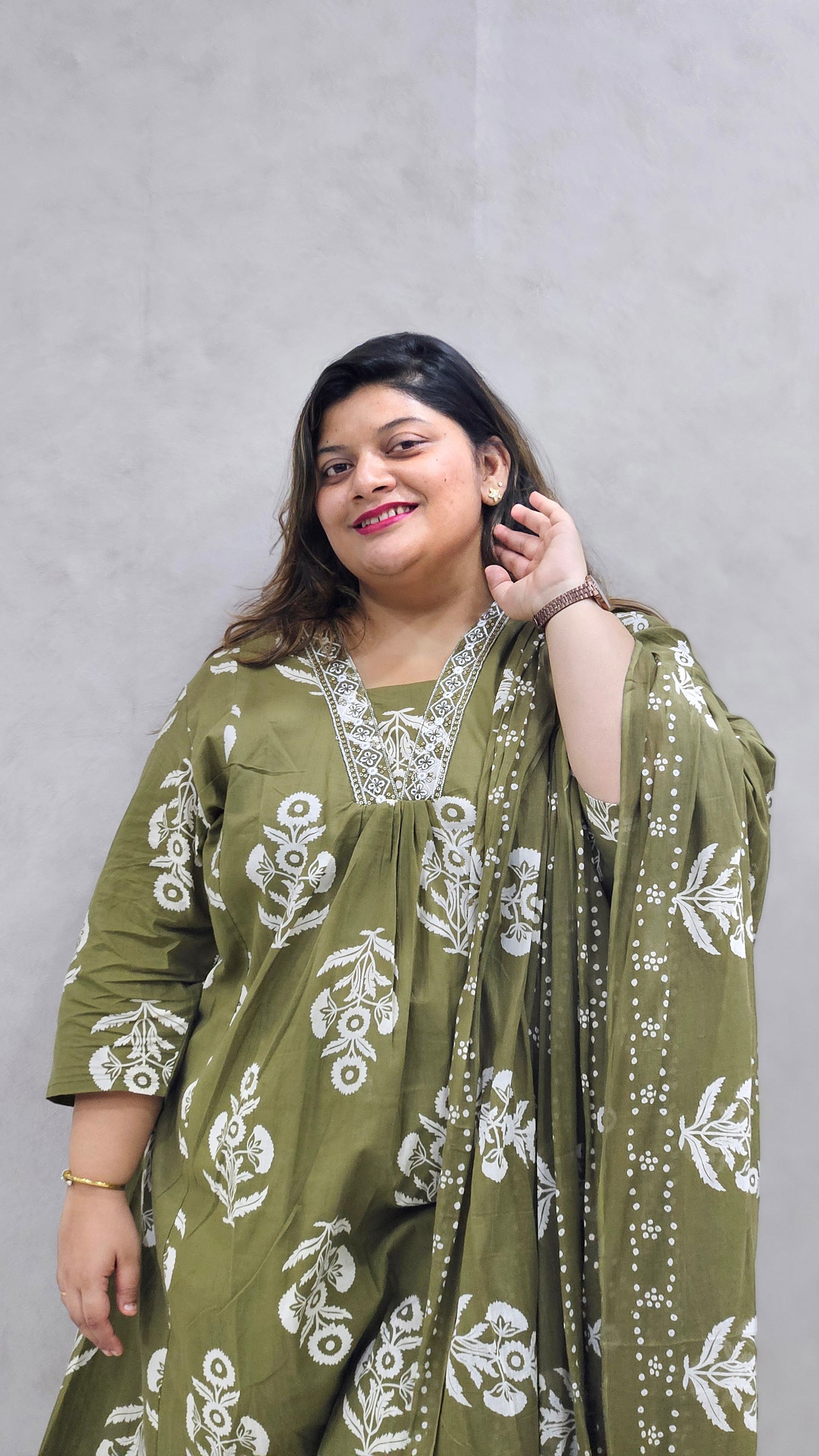 Olive Green Floral Printed Pure Cotton Kurta Set