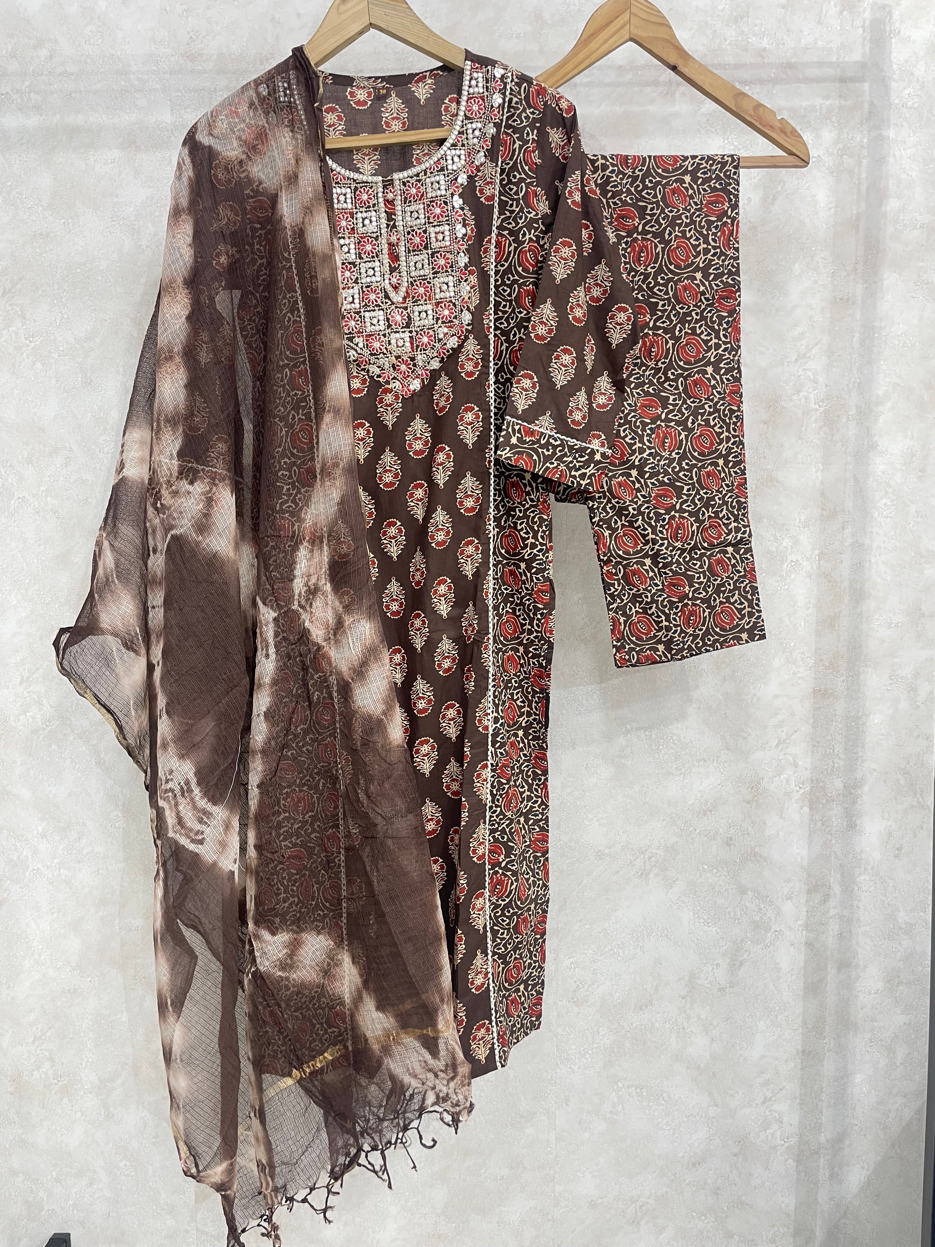 Brown Floral Printed Pure Cotton Kurta Set
