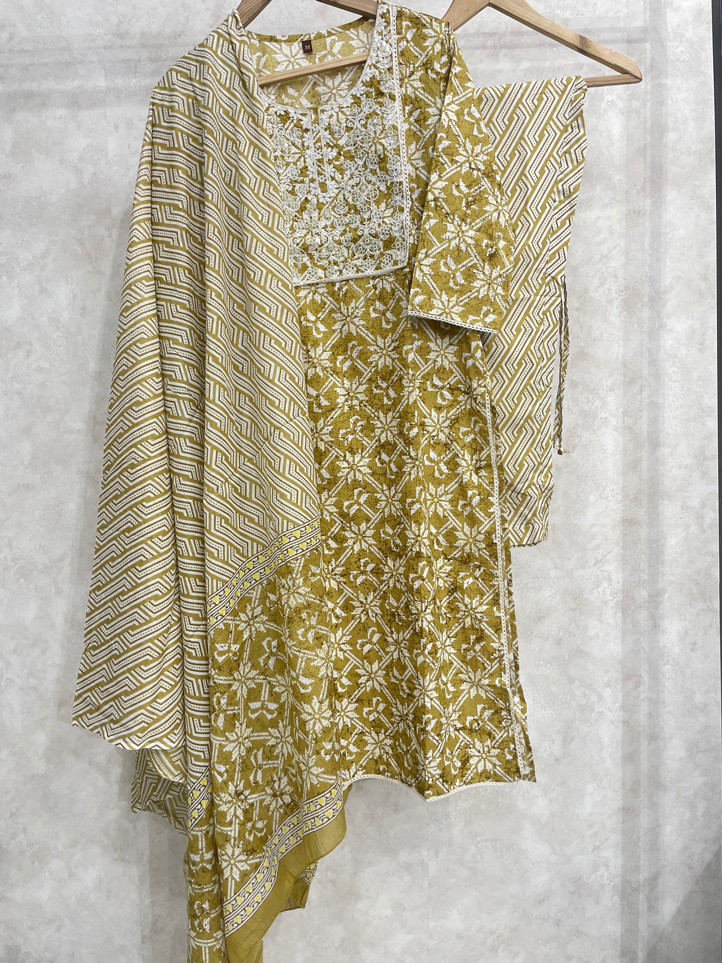 Pale Olive Block Printed Cotton Kurta Set