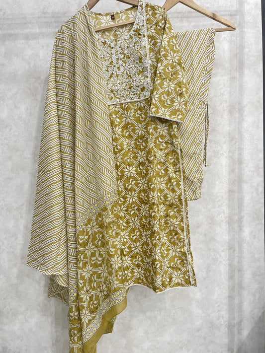 Pale Olive Block Printed Cotton Kurta Set