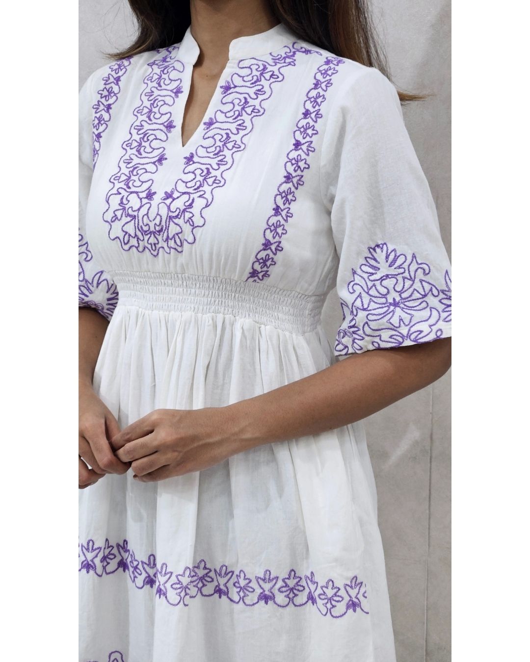 White V Neck Cotton Flare Midi Dress For Women