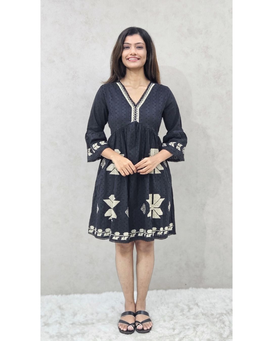 Black V Neck Hakoba  Cotton Fit and Flare Midi Dress For Women