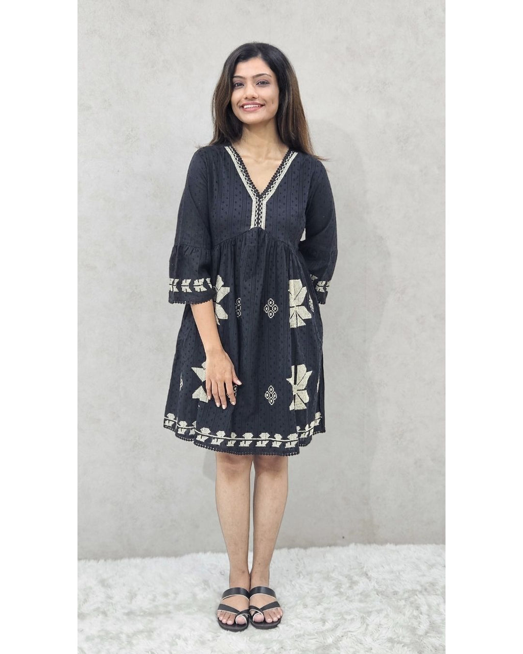 Black V Neck Hakoba  Cotton Fit and Flare Midi Dress For Women