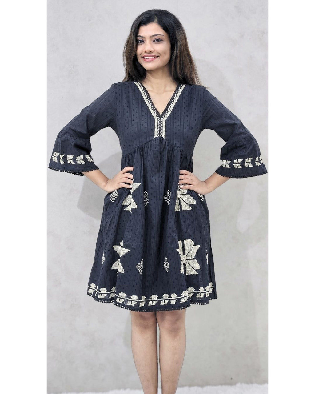 Black V Neck Hakoba  Cotton Fit and Flare Midi Dress For Women