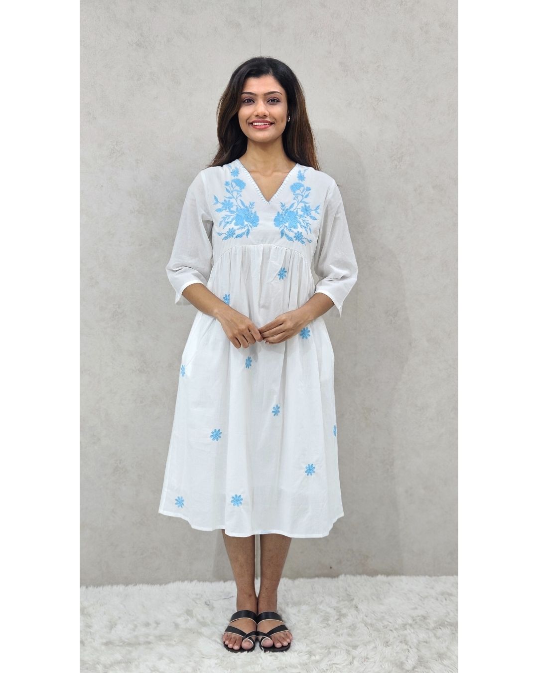 White V Neck Cotton Fit and Flare Midi Dress For Women