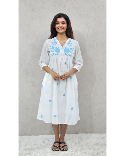 White V Neck Cotton Fit and Flare Midi Dress For Women