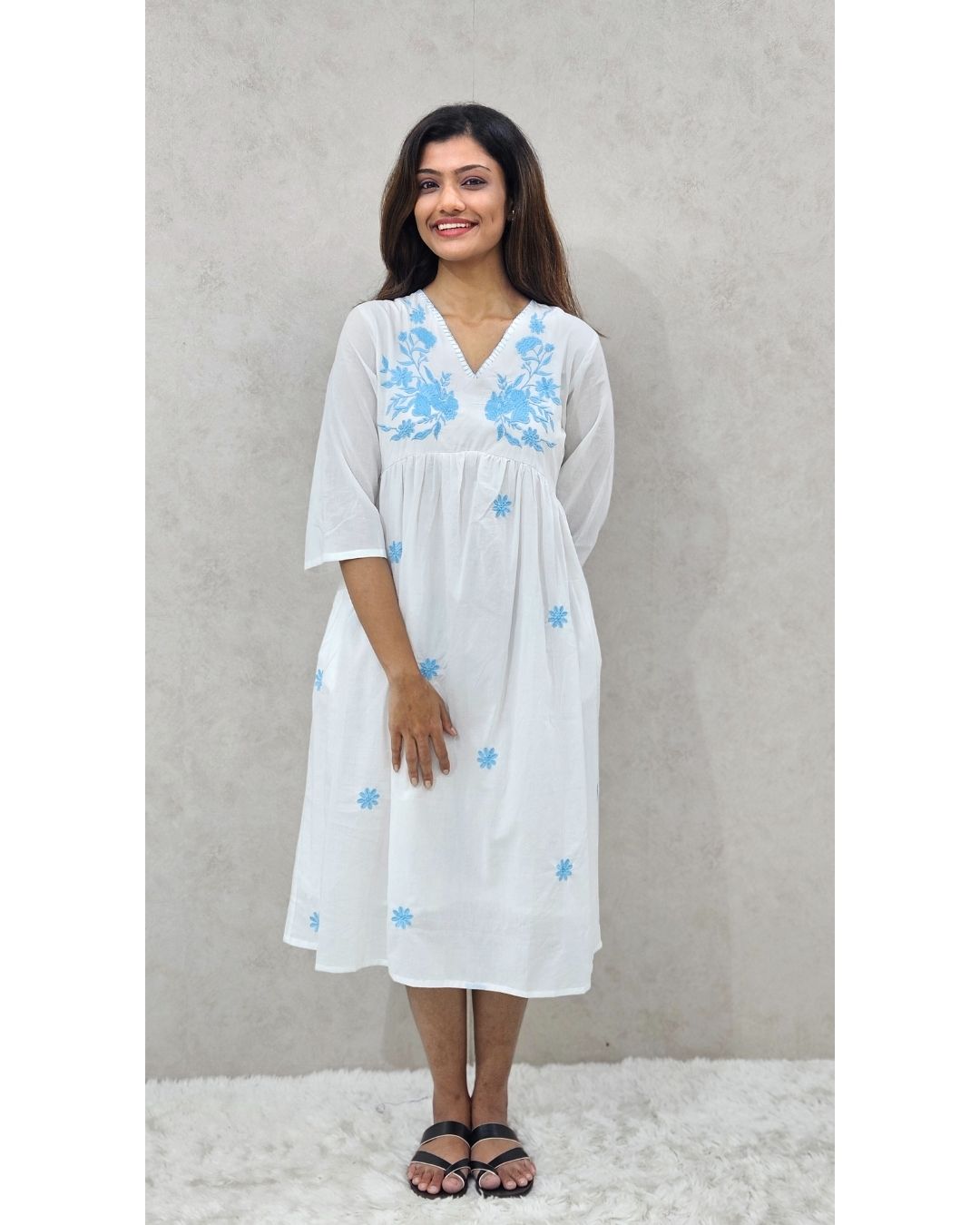White V Neck Cotton Fit and Flare Midi Dress For Women