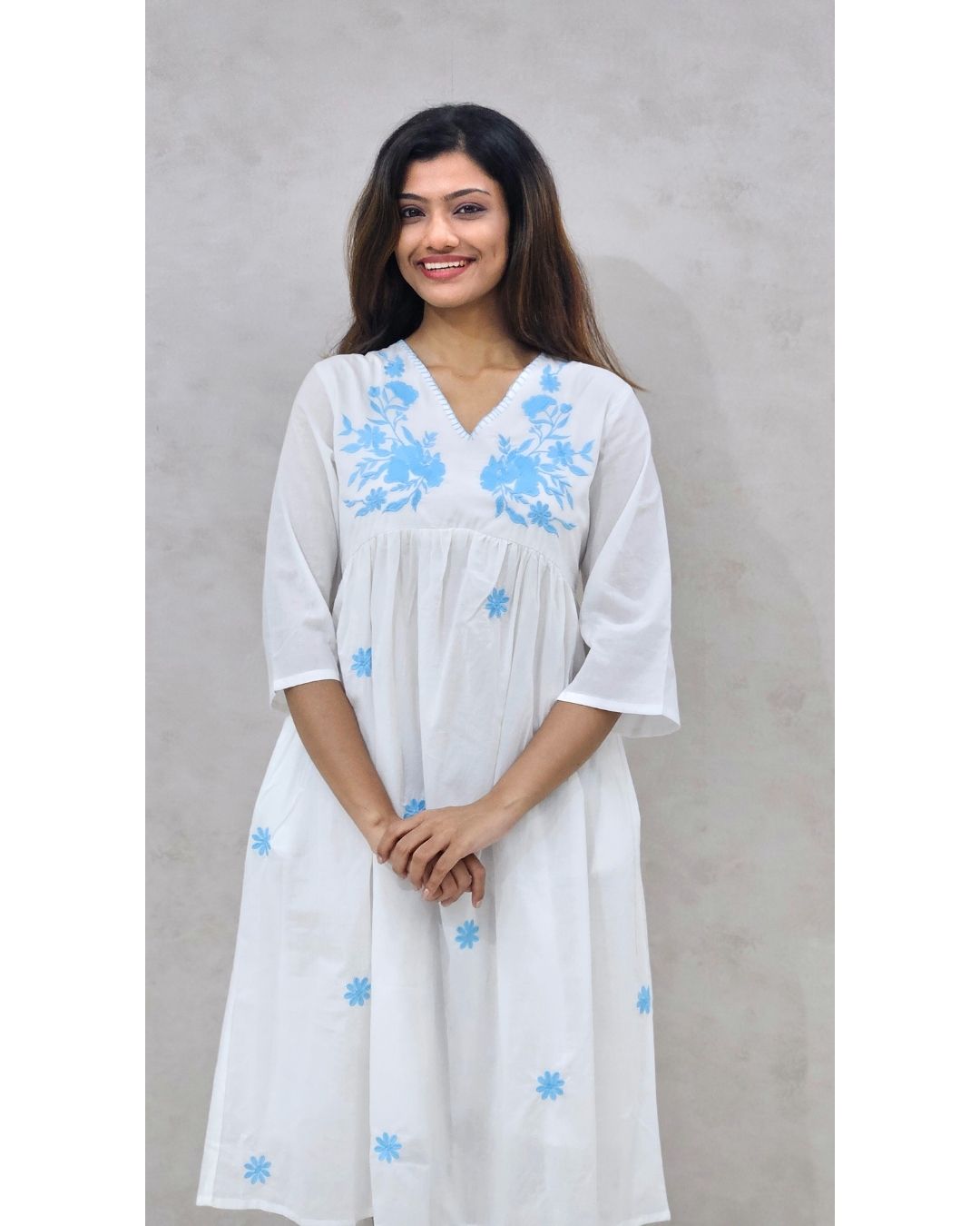 White V Neck Cotton Fit and Flare Midi Dress For Women