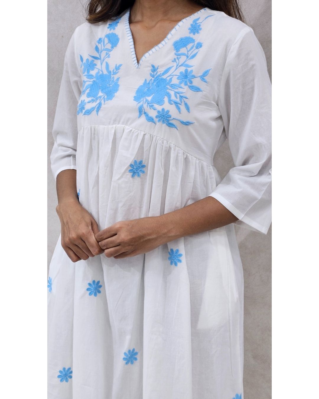 White V Neck Cotton Fit and Flare Midi Dress For Women