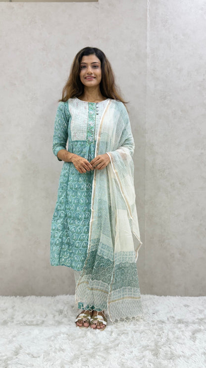 Turquoise Printed Cotton Kurta Set