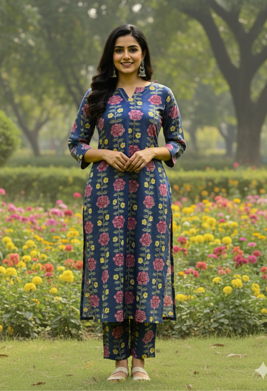 Navy and Pink Cotton Kurti Set