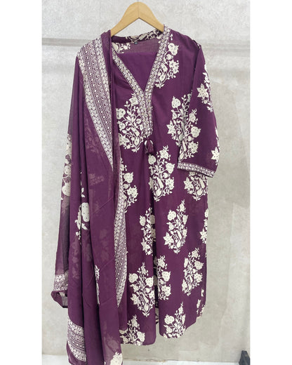 Mauve Pure Cotton Printed Kurta Set