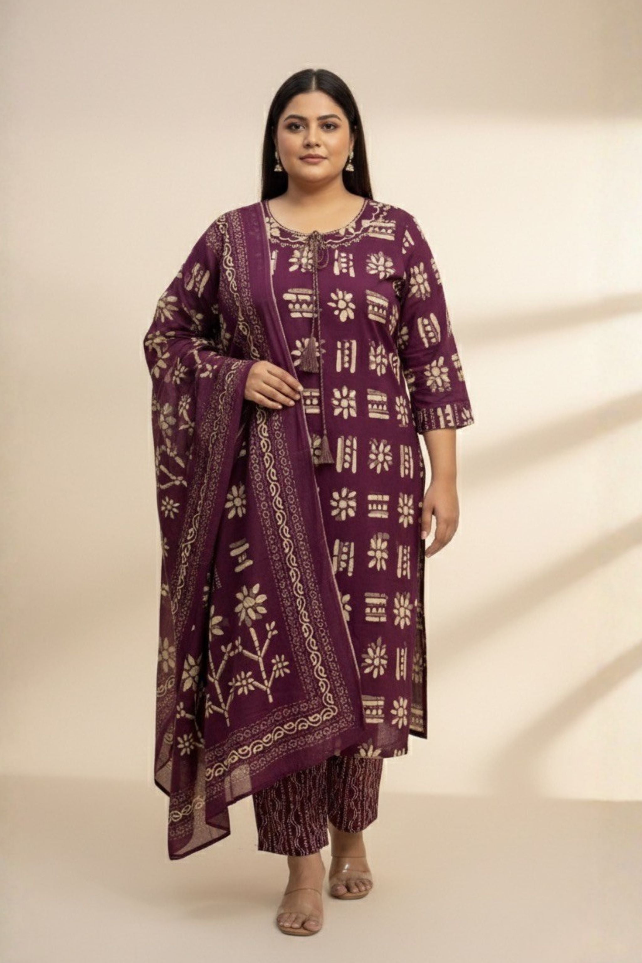 Purple Block Print Cotton Kurti Set