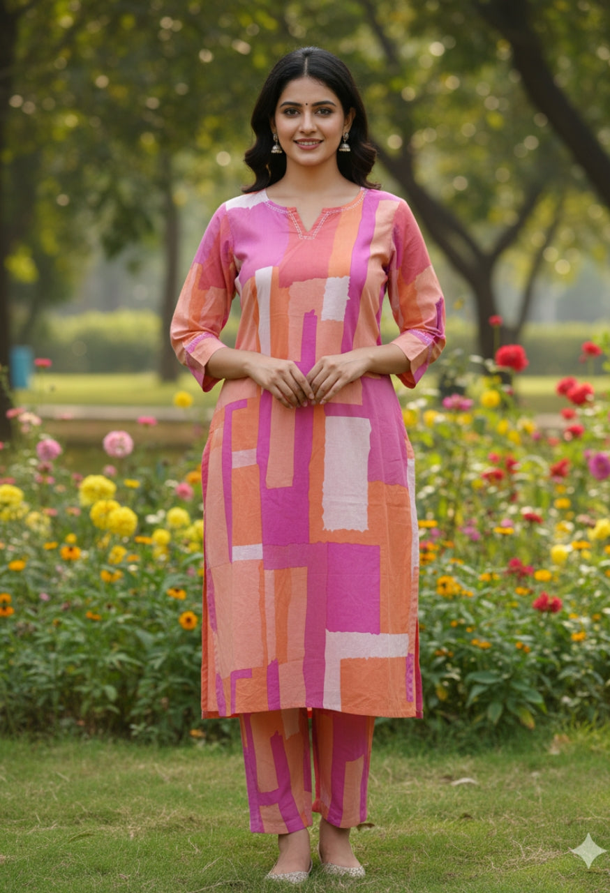 Pink and Orange Cotton Kurti Set