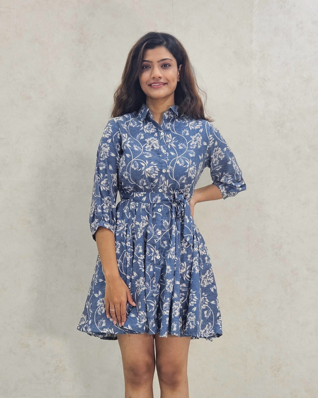 Blue Floral A-Line Cotton Mini Dress