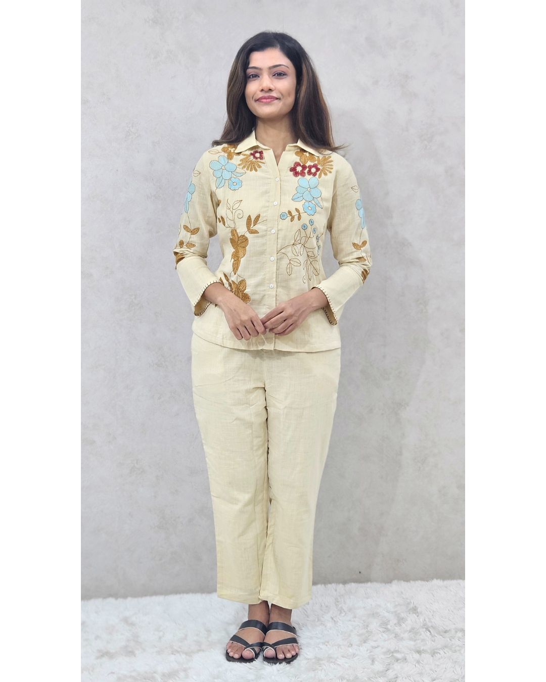 Light Beige Floral Embroidered Cotton Coord Set