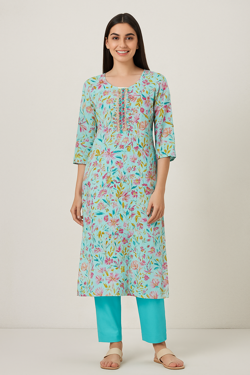 Light Blue Floral Printed Kurti