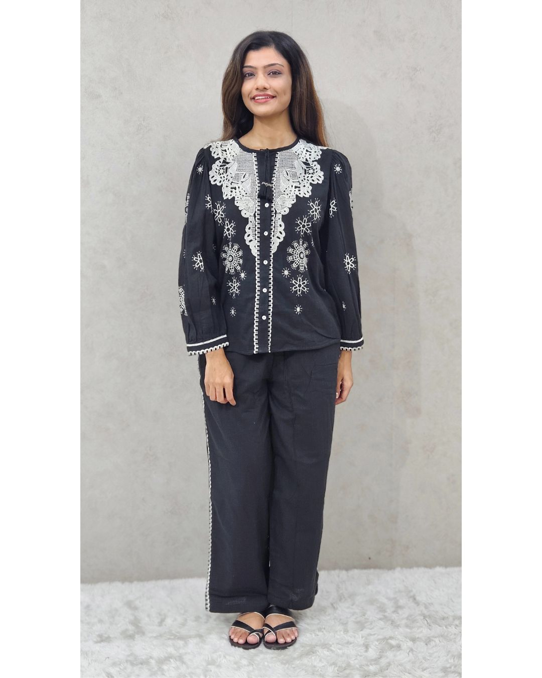 Black Linen Embroidered Cutwork Coord Set