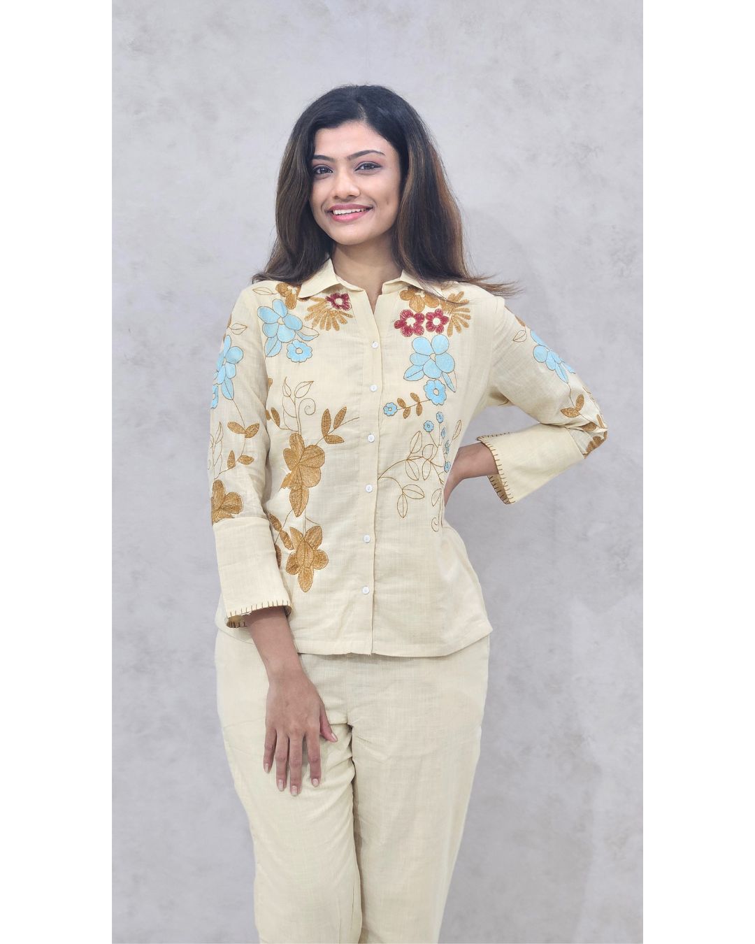 Light Beige Floral Embroidered Cotton Coord Set