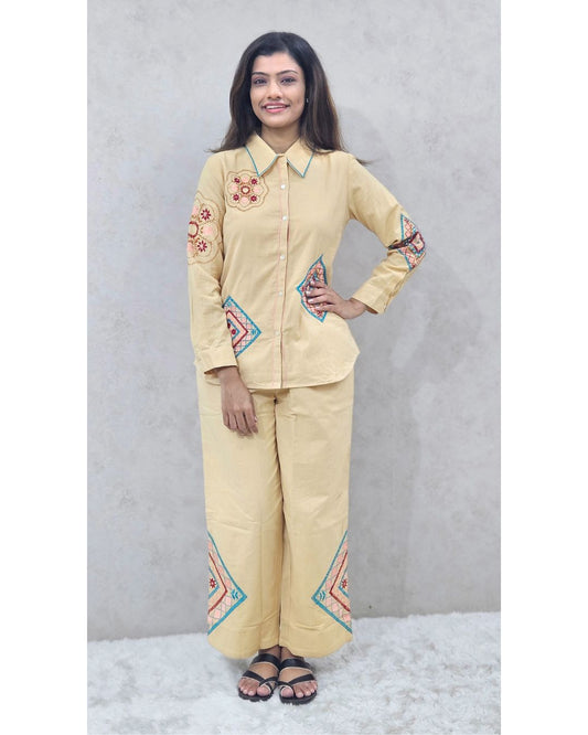 Beige Embroidered Cotton Coord Set