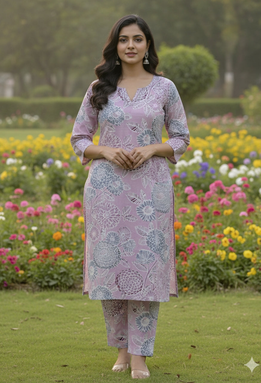 Blush Pink Cotton Printed Kurti Set