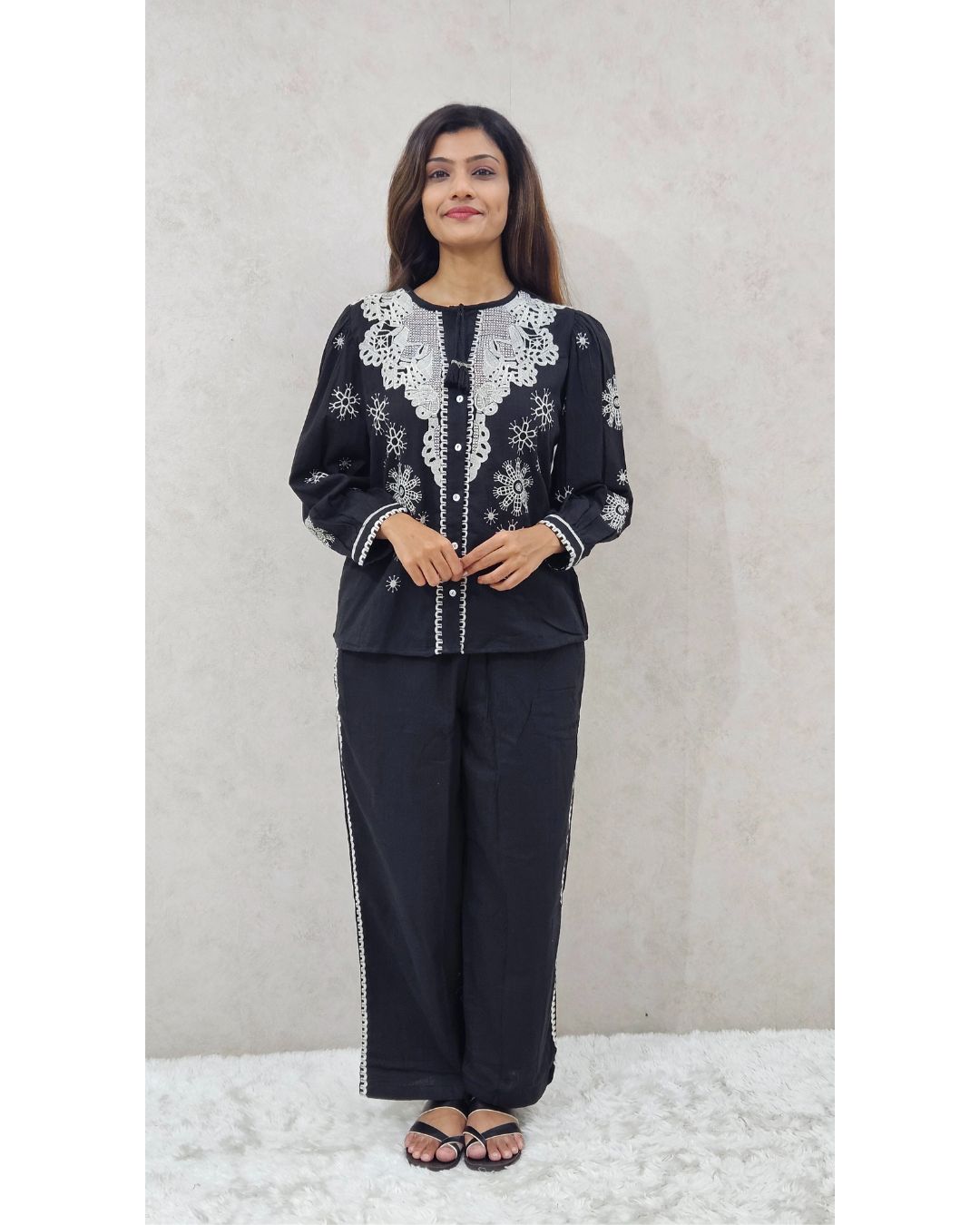 Black Linen Embroidered Cutwork Coord Set