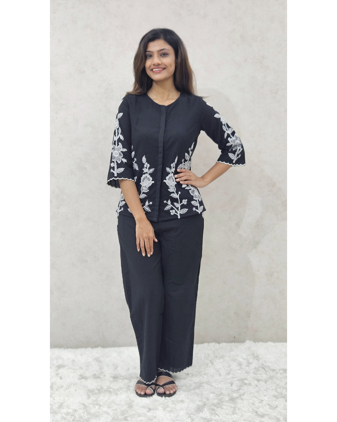 Black Cut Work Premium Cotton Co ord Set