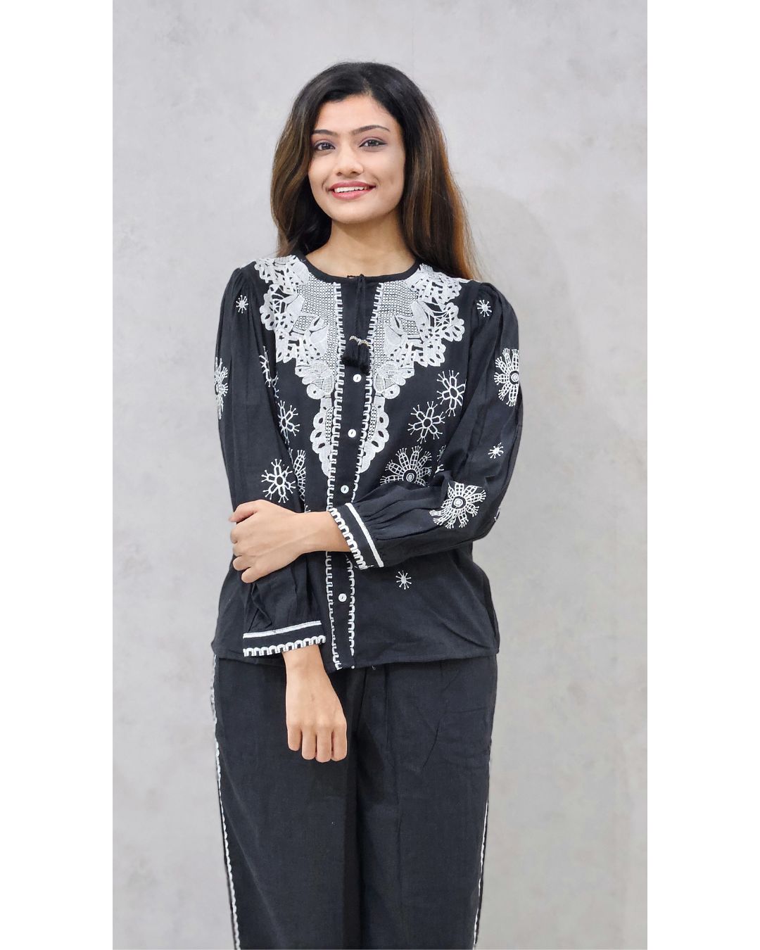Black Linen Embroidered Cutwork Coord Set