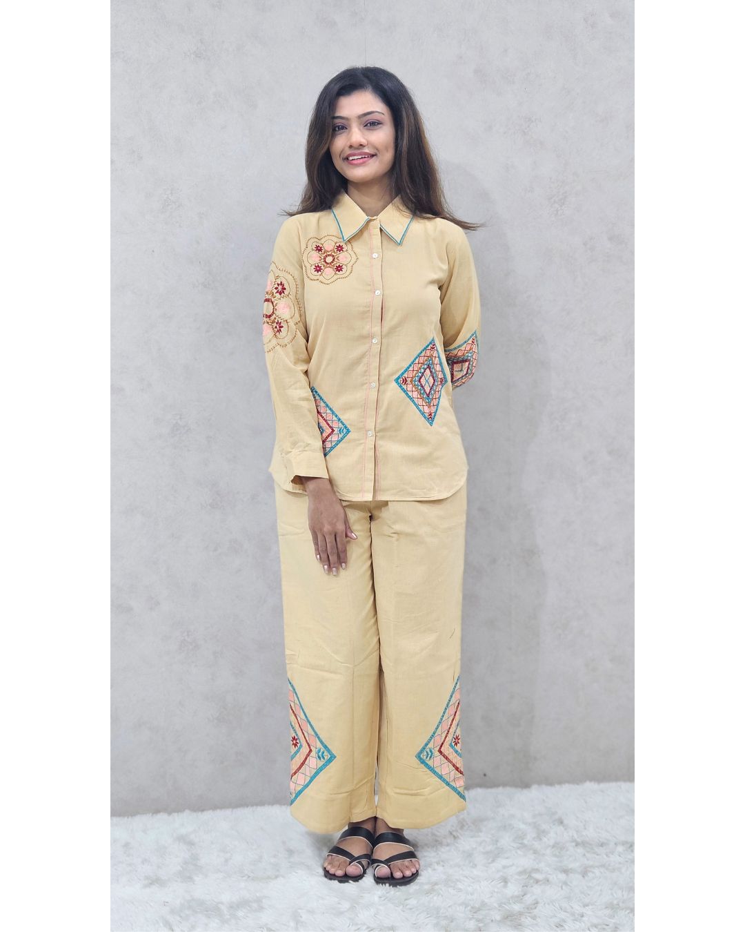 Beige Embroidered Cotton Coord Set