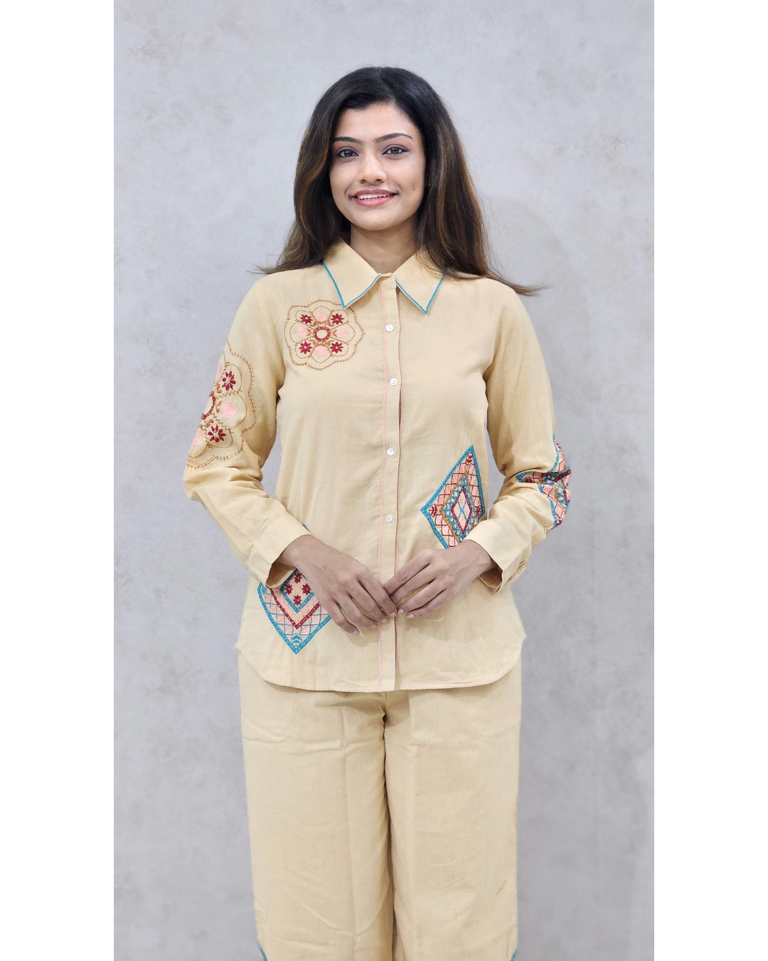 Beige Embroidered Cotton Coord Set