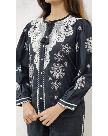 Black Linen Embroidered Cutwork Coord Set