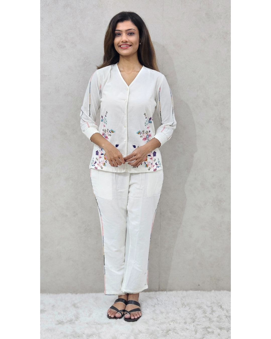 White Floral Embroidered Cotton Coord Set