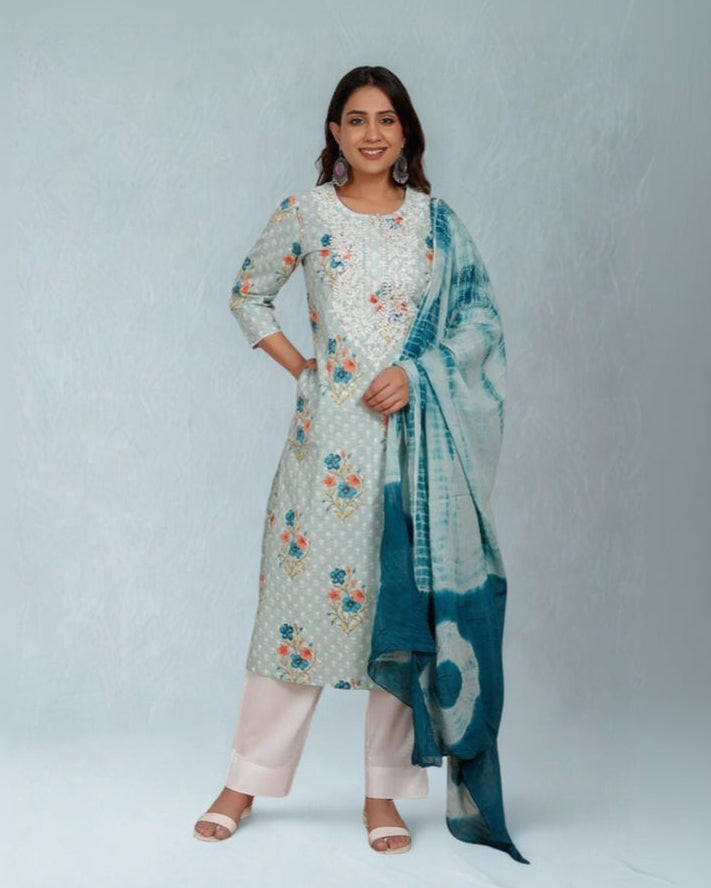 Emerald Green Floral Printed Cotton Kurti Set