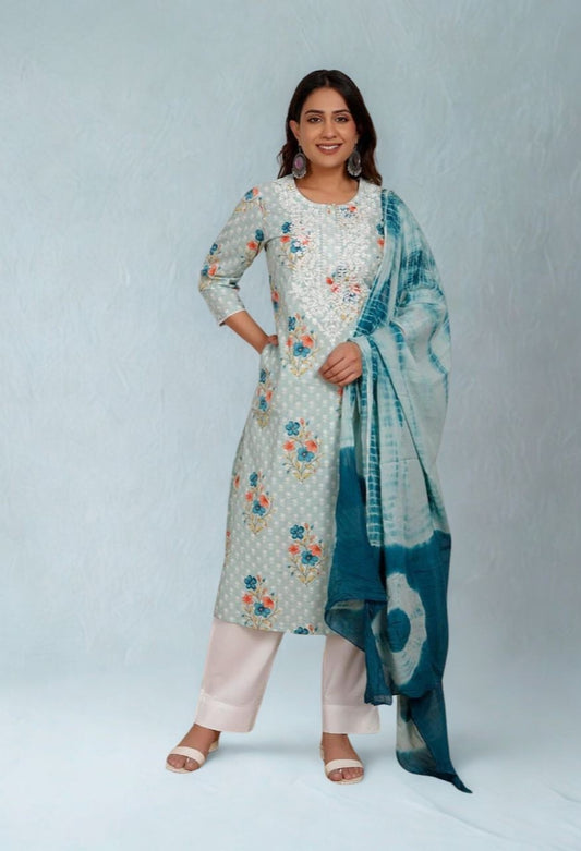 Emerald Green Floral Printed Cotton Kurti Set