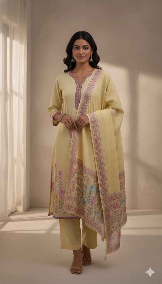 Yellow Embroidered Cotton Kurti Set