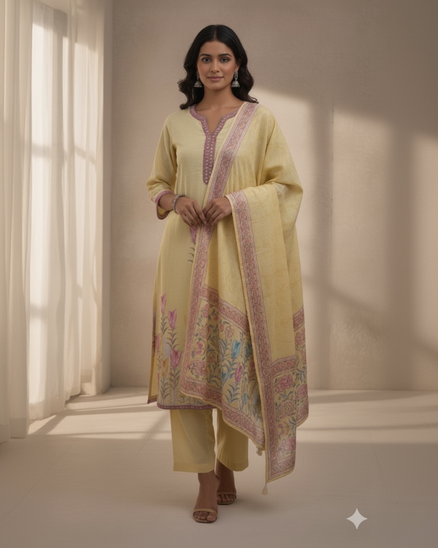 Yellow Embroidered Cotton Kurti Set