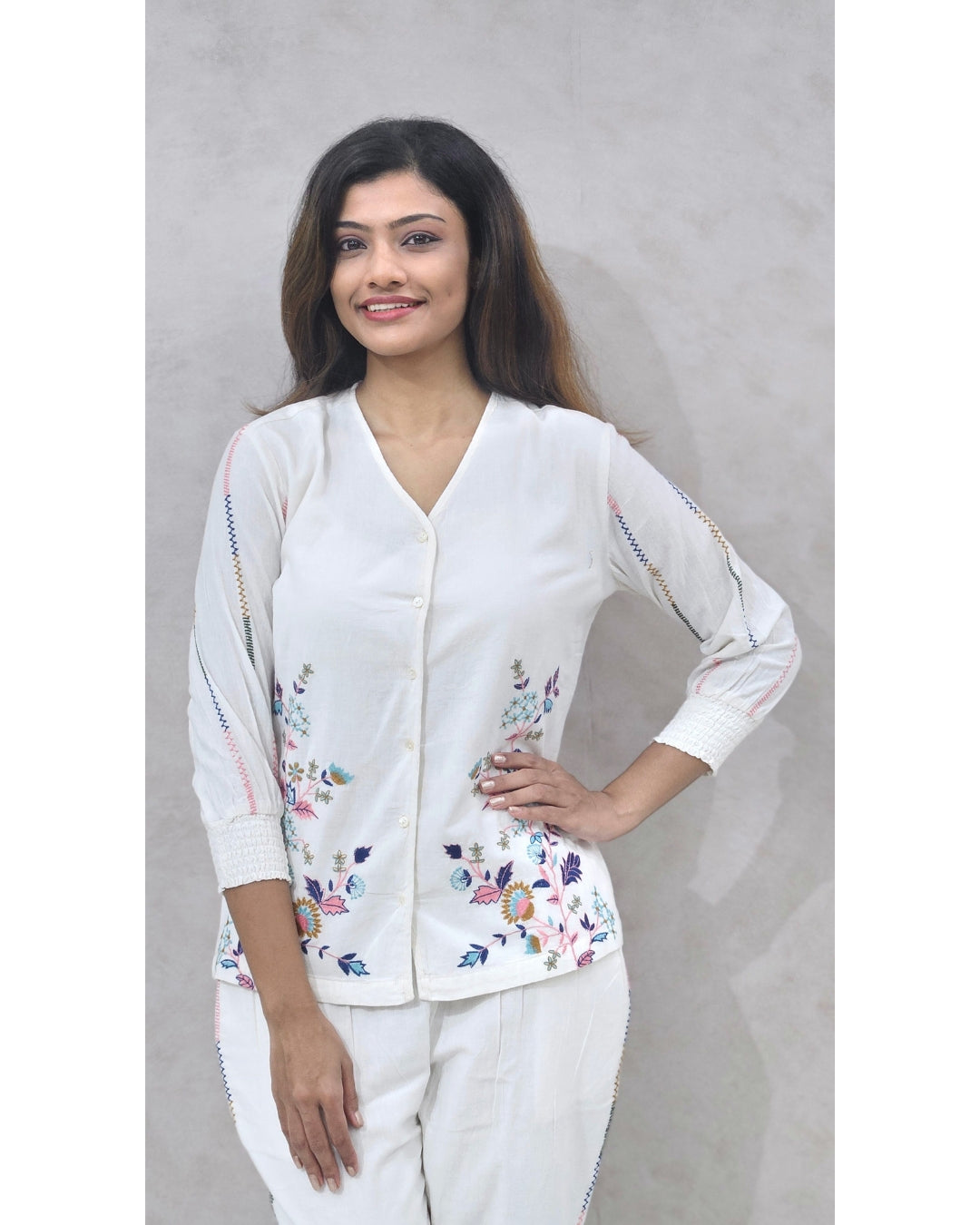 White Floral Embroidered Cotton Coord Set