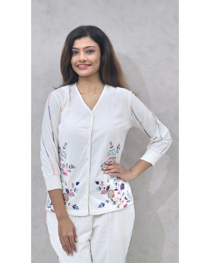White Floral Embroidered Cotton Coord Set