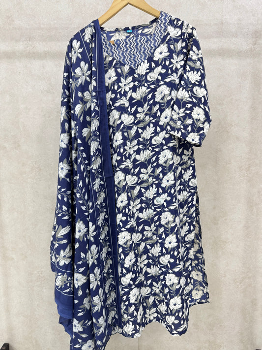 Royal Blue Floral Printed Rayon Kurta Set