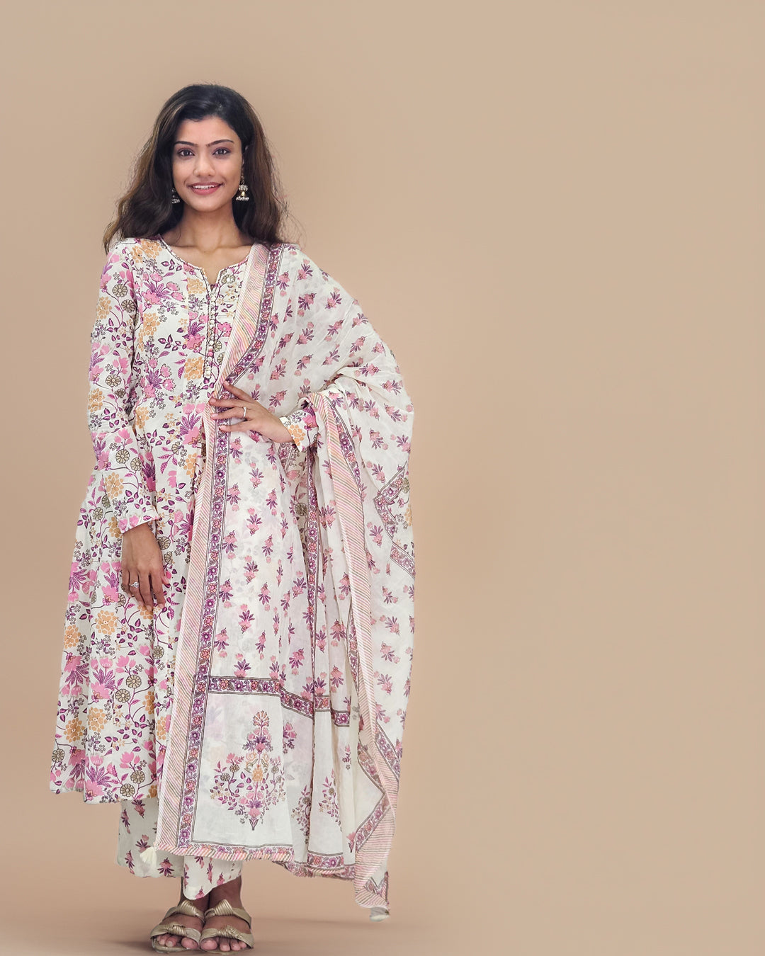 Pink Straight Floral Printed Kurta Set