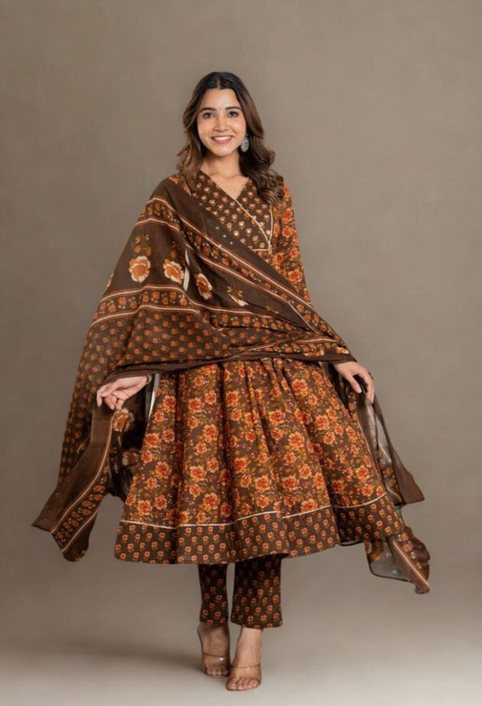 Brown Angrakha Floral Cotton Kurti Set